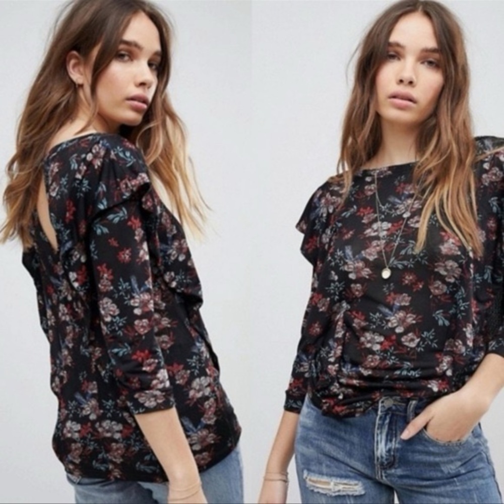 Free People Dock Street Black and Red Floral Top Shirt fall florals ruffles - Picture 3 of 10